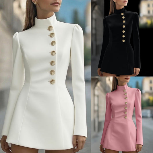 Fitted Solid-Color Stand Collar Single-Button Dress👗