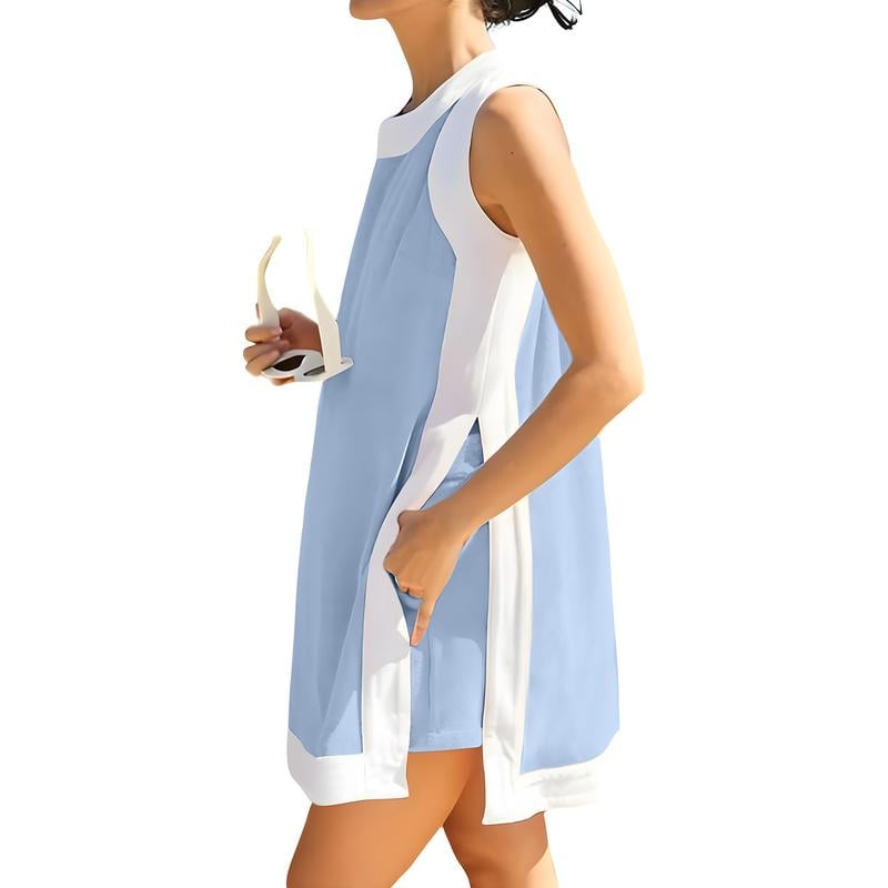 ⏰🔥סט קז'ואל לנשים, שני חלקים, עם בלוק צבע, צווארון עגול, סוודר ללא שרוולים, חולצות, מכנסיים קצרים תואמים עם כיסים