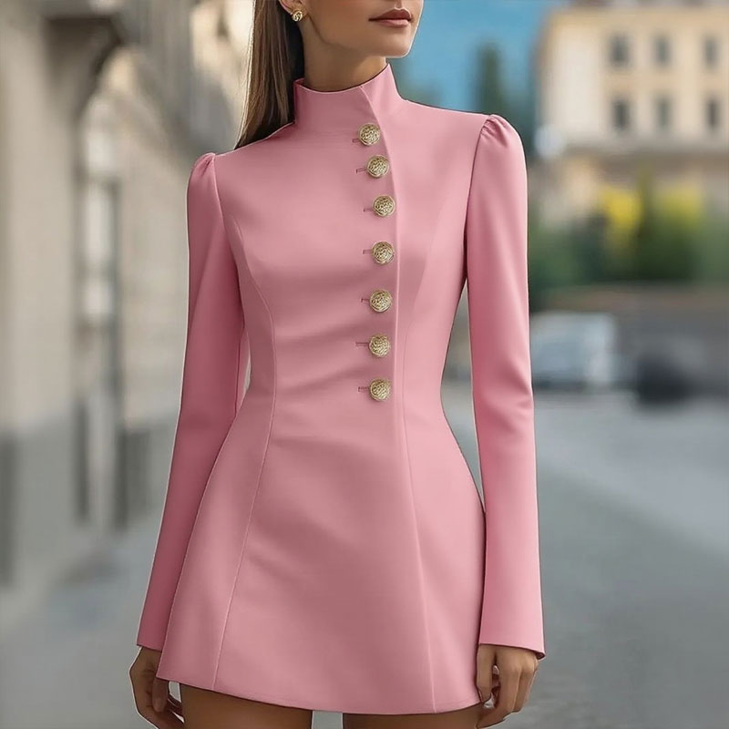 Fitted Solid-Color Stand Collar Single-Button Dress👗