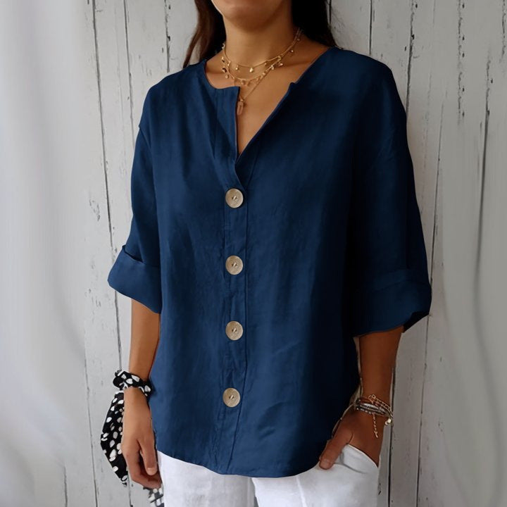 👕 חולצת נשים רפויה עם כפתורים – נוחה, נושמת ועמידה בפני קמטים 🌿