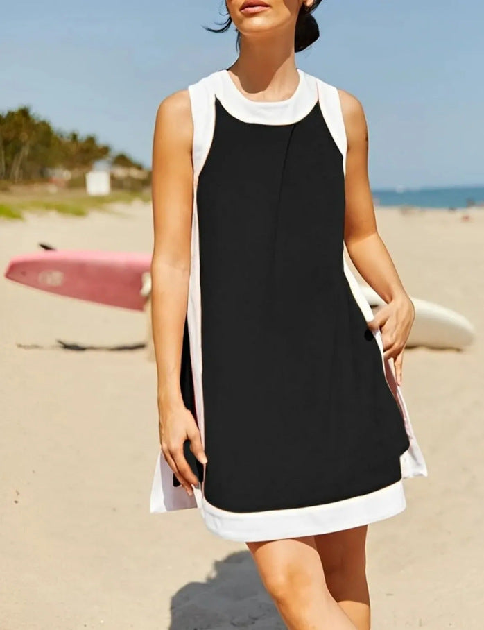 ⏰🔥סט קז'ואל לנשים, שני חלקים, עם בלוק צבע, צווארון עגול, סוודר ללא שרוולים, חולצות, מכנסיים קצרים תואמים עם כיסים