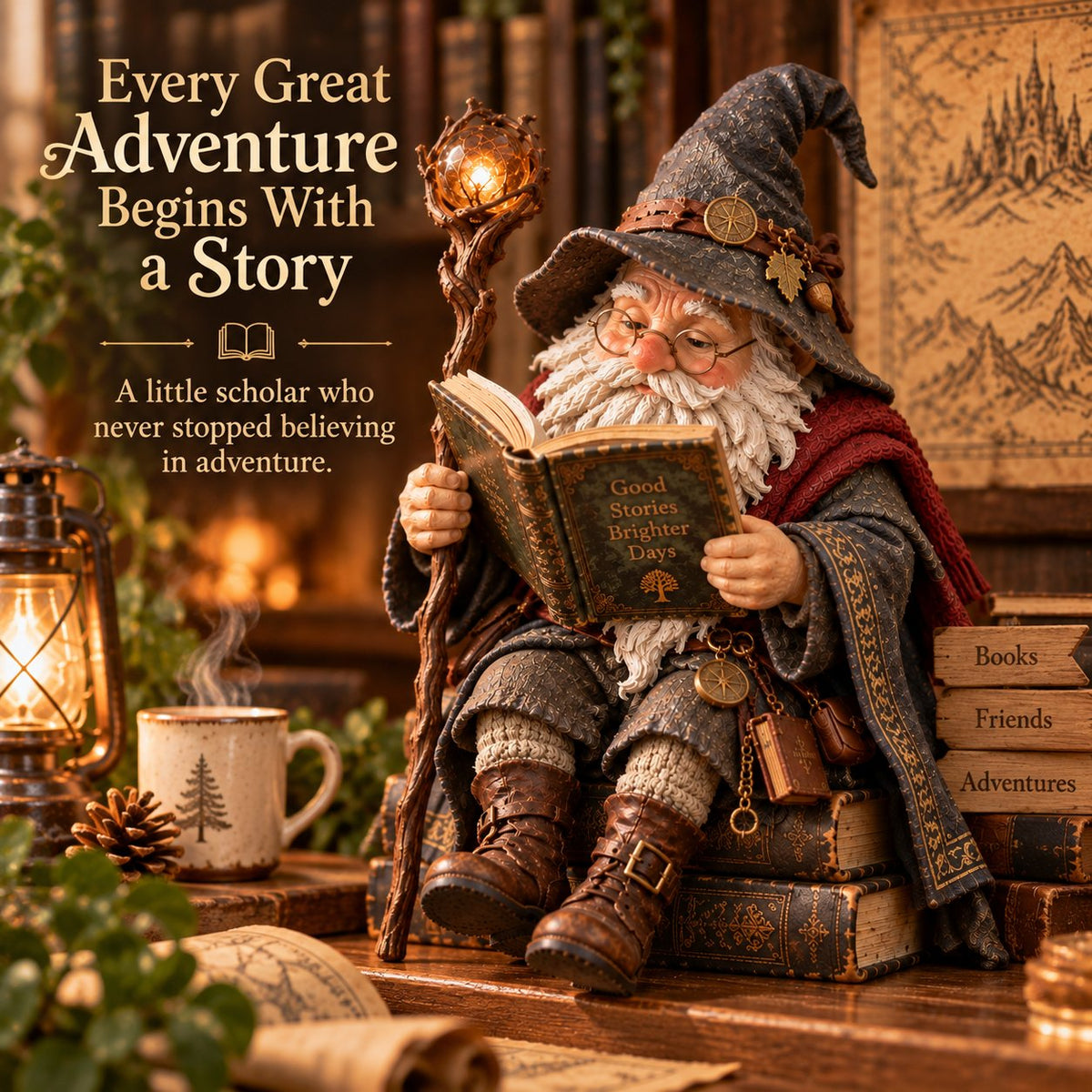 🧙‍♂️ Le gnome érudit errant – Figurine du sorcier de la lecture enchantée
