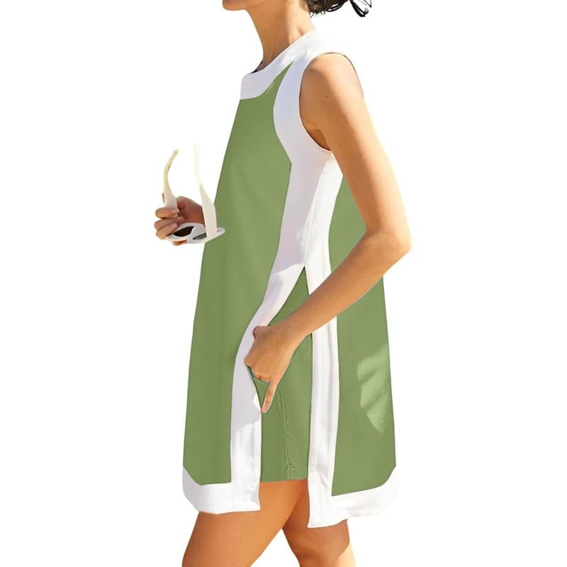 ⏰🔥סט קז'ואל לנשים, שני חלקים, עם בלוק צבע, צווארון עגול, סוודר ללא שרוולים, חולצות, מכנסיים קצרים תואמים עם כיסים